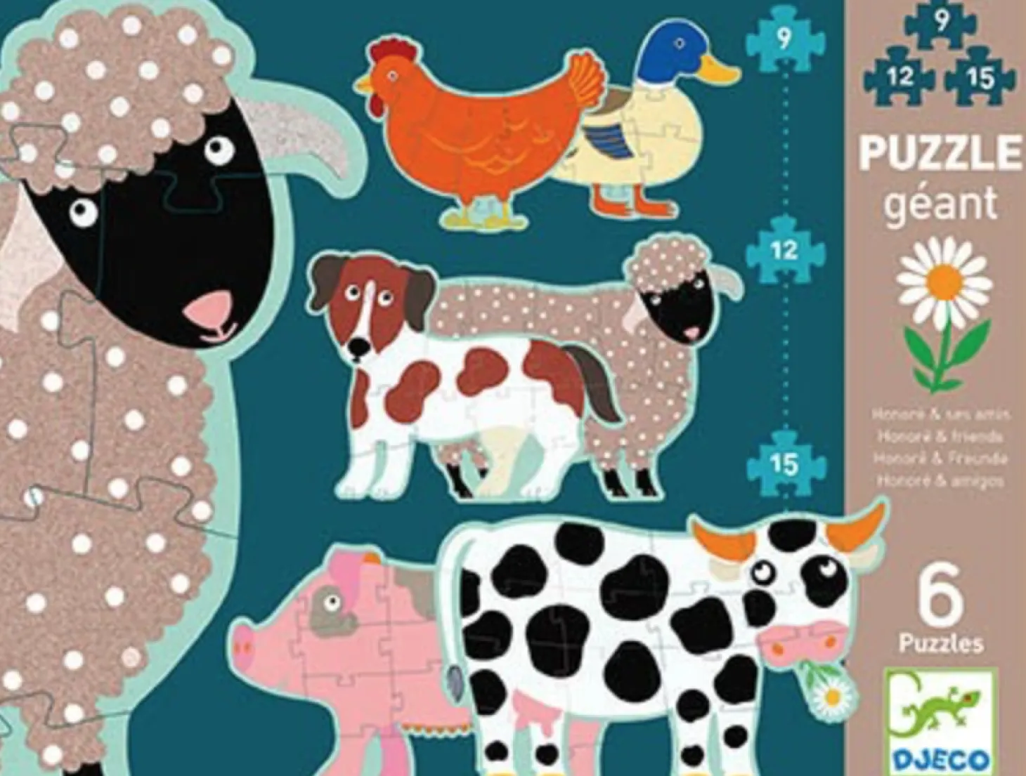 Djeco 6 puzzles géants des animaux de ferme - 9, 12 et 15 pièces