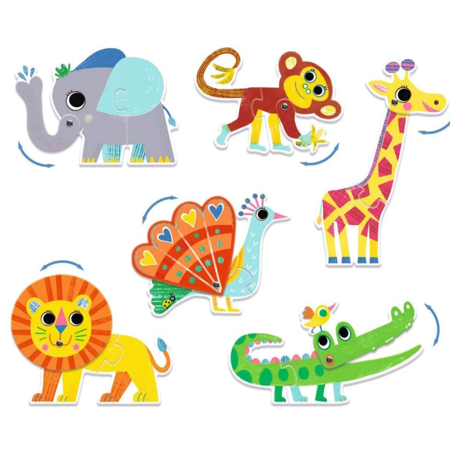 Djeco Puzzle duo - Animaux du Jungle en mouvement - 6 x 2 pièces